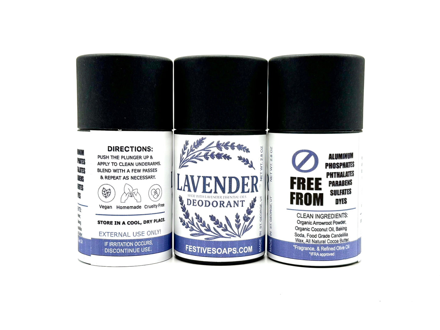 Three tubes of lavender deodorant with black caps on a white background