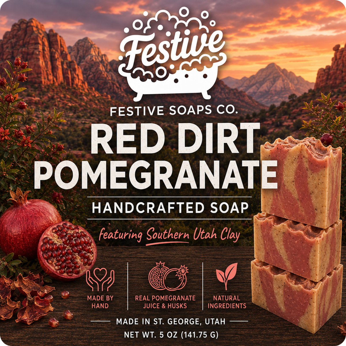 Red Dirt Pomegranate: Homemade Plant-Based Artisan Soap (Featuring Southern Utah Clay)