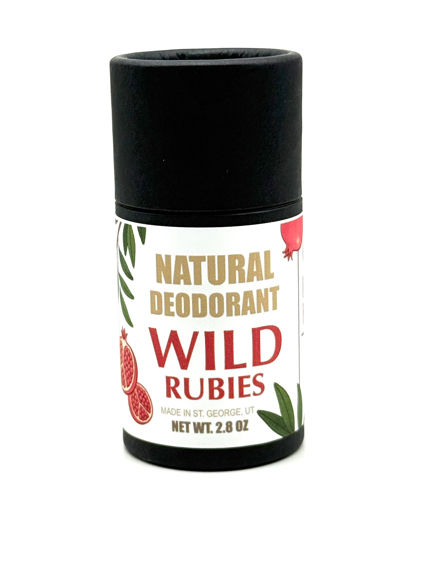 Natural deodorant stick labeled 'Wild Rubies' on a white background