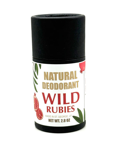 Natural deodorant stick labeled 'Wild Rubies' on a white background