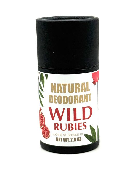 Natural deodorant stick labeled 'Wild Rubies' on a white background