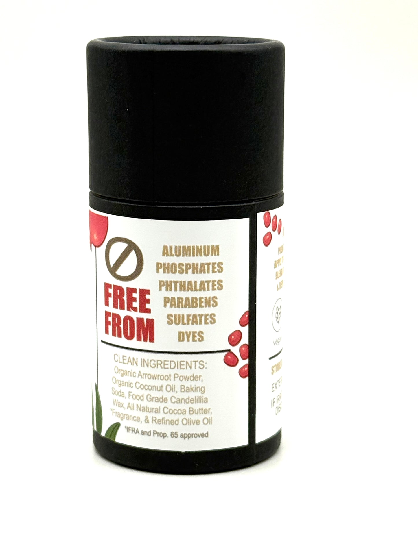 Black container with a white label on a white background