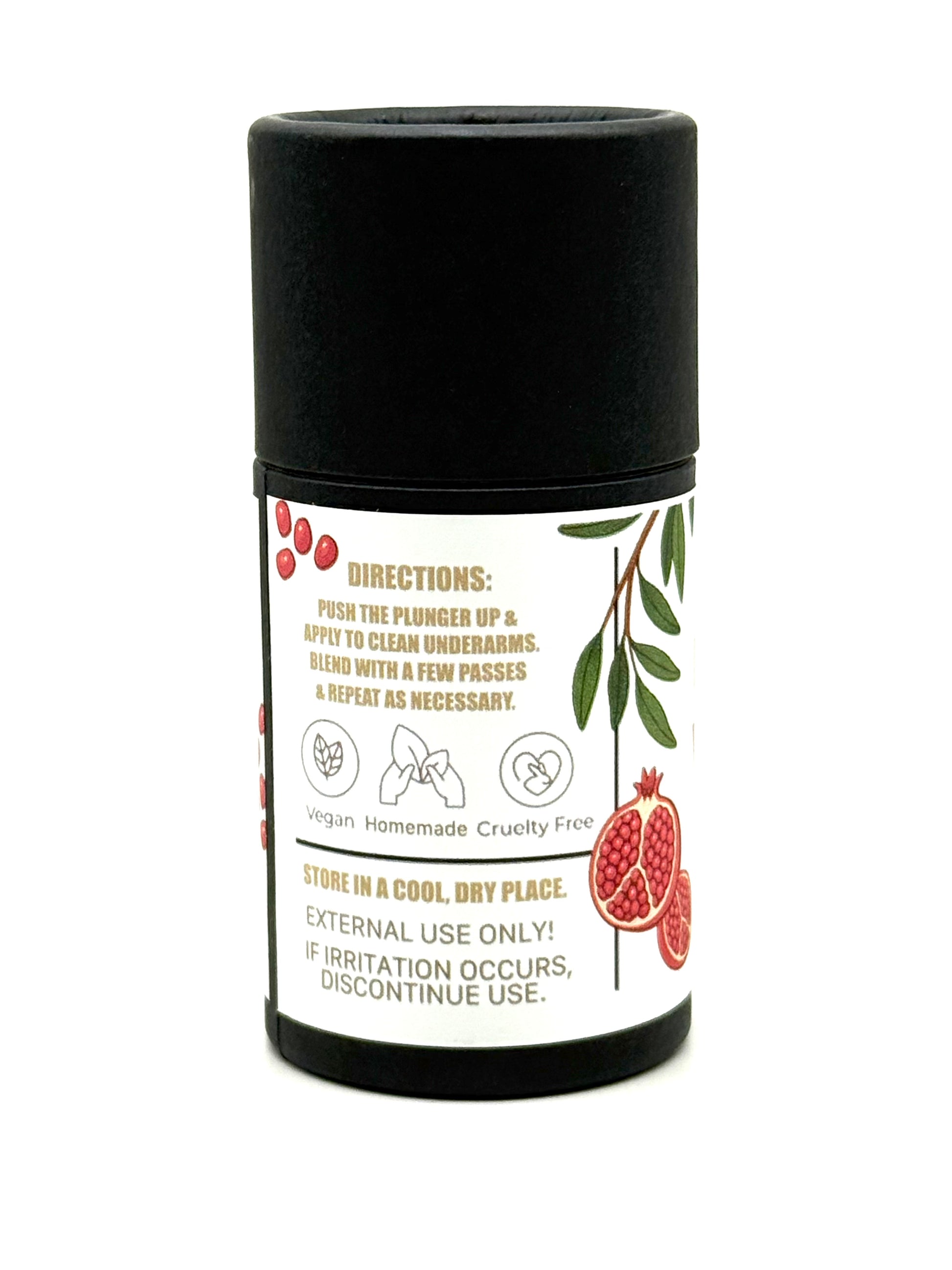Black cylindrical container of deodorant with a white label featuring pomegranate graphics and text on a white background