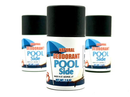 Three bottles of 'Pool Side' natural deodorant on a white background