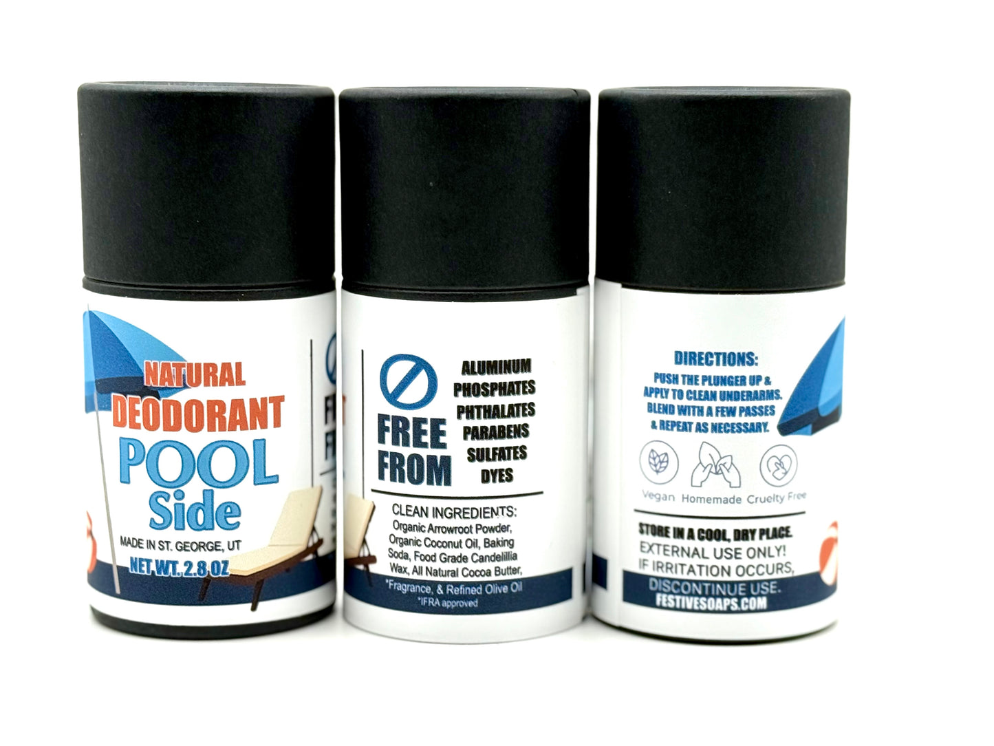 Three natural deodorant products with labels on a white background
