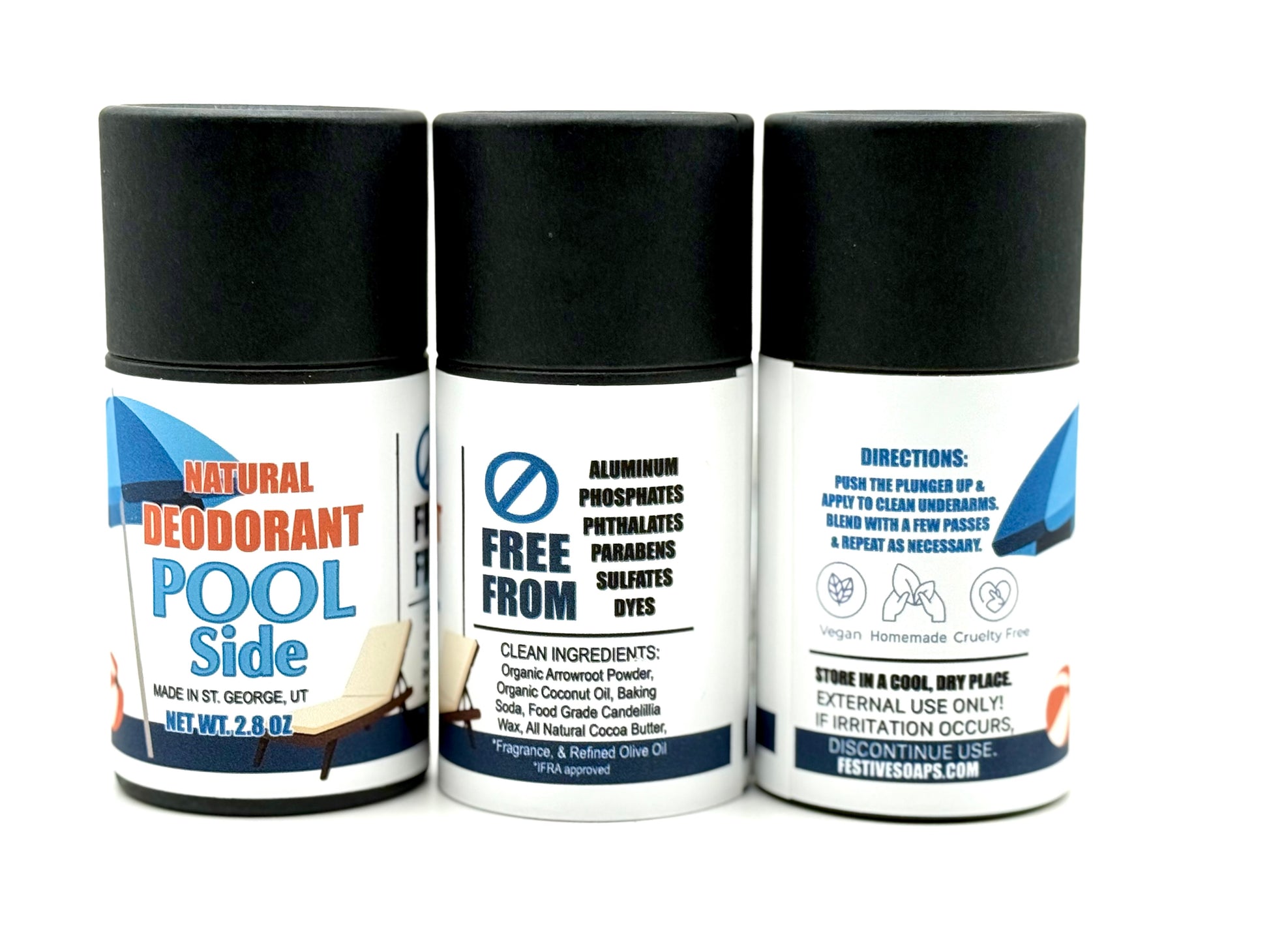 Three natural deodorant products with labels on a white background