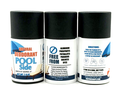 Three natural deodorant products with labels on a white background