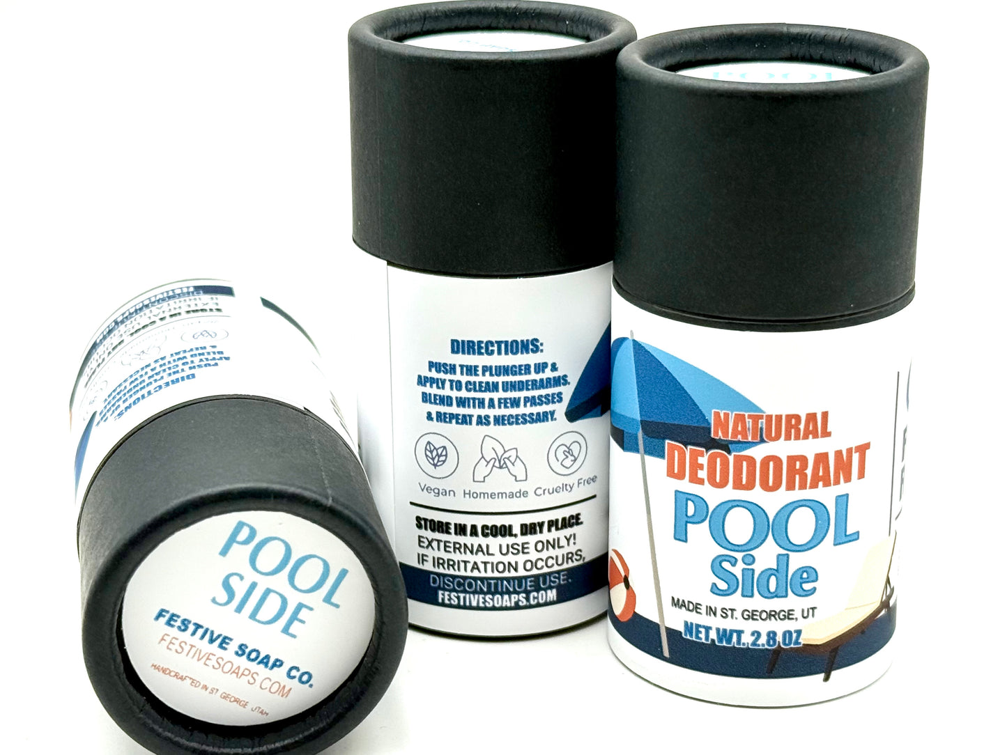 Three deodorant containers labeled 'Pool Side' with branding and product details.