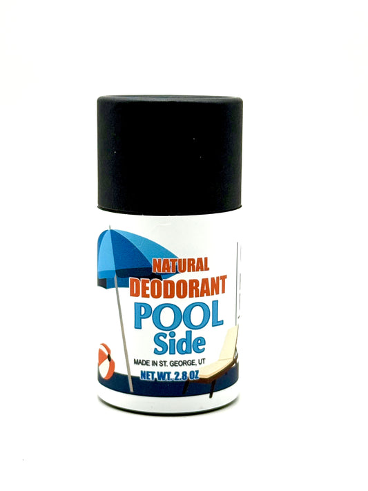 Natural deodorant container labeled 'Pool Side' on a white background