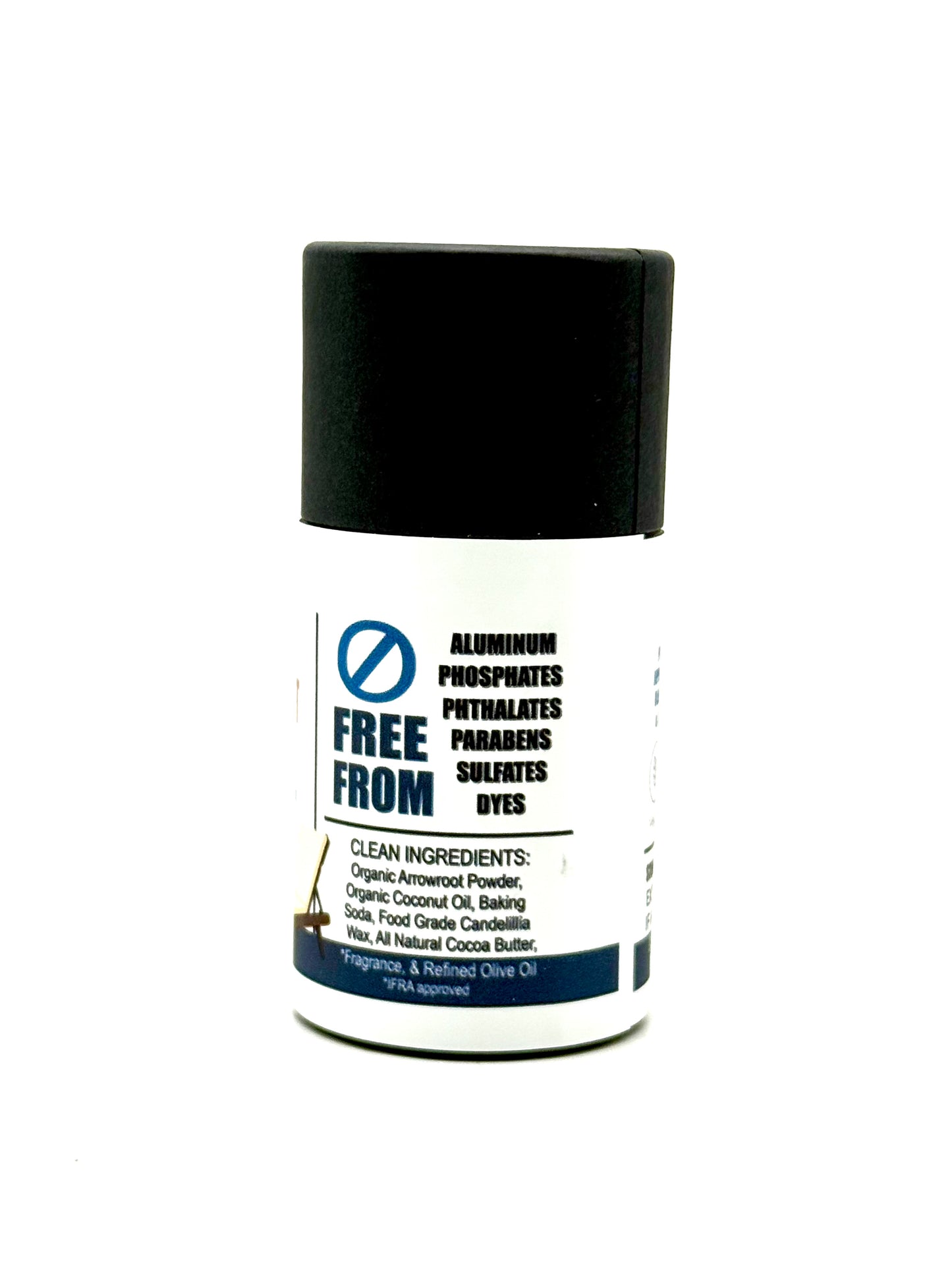 Tube of deodorant with a black cap and white label on a white background