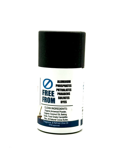 Tube of deodorant with a black cap and white label on a white background