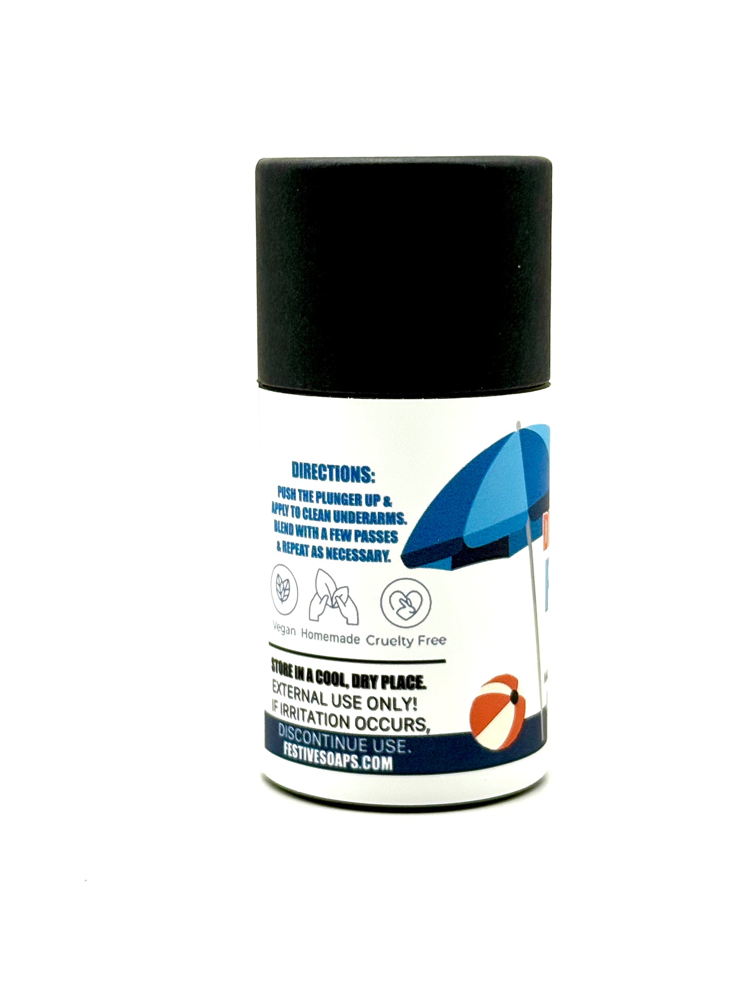 Product container with black cap and white label on a white background