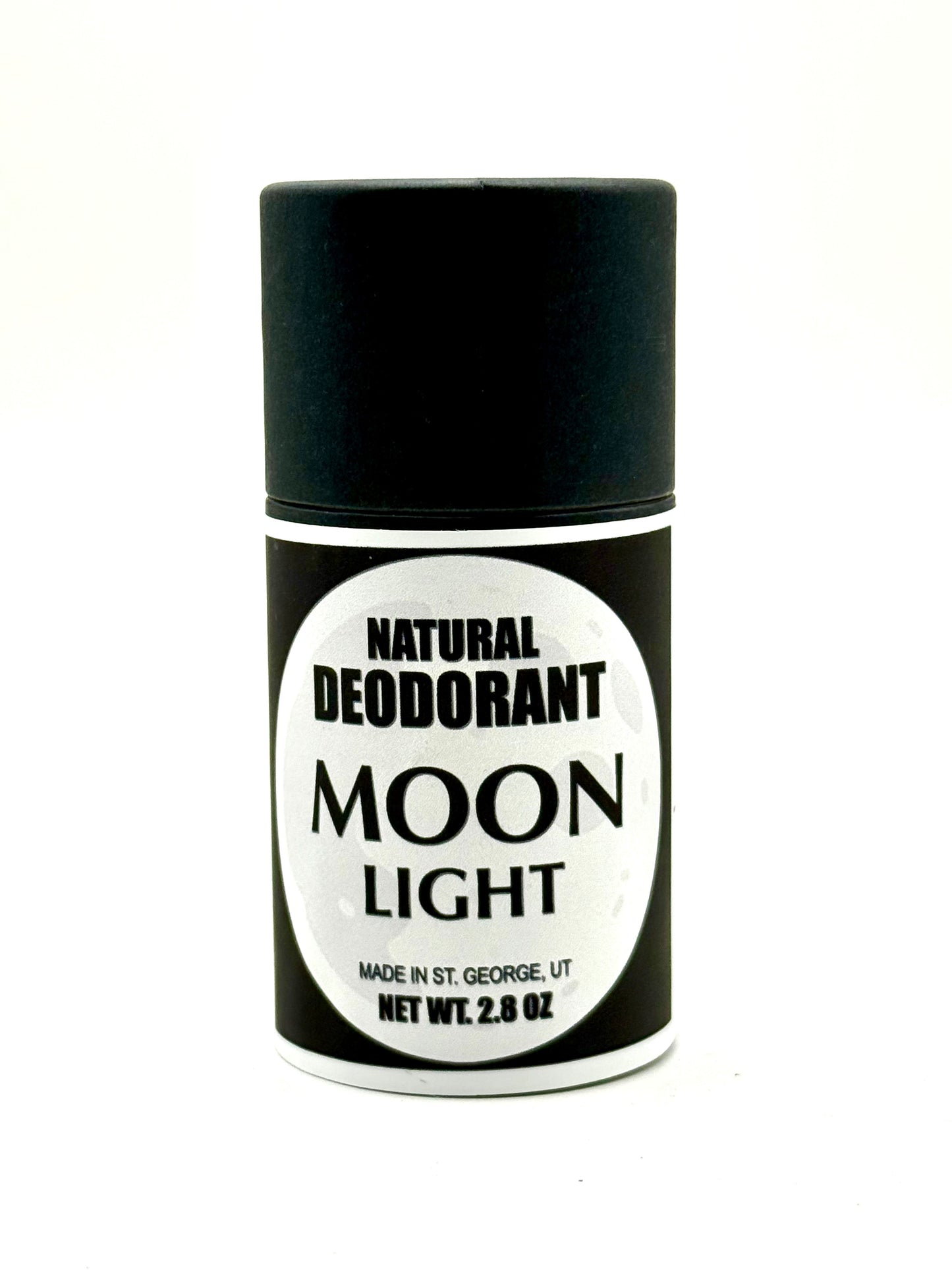 Black and white deodorant container labeled 'Moon Light' on a white background
