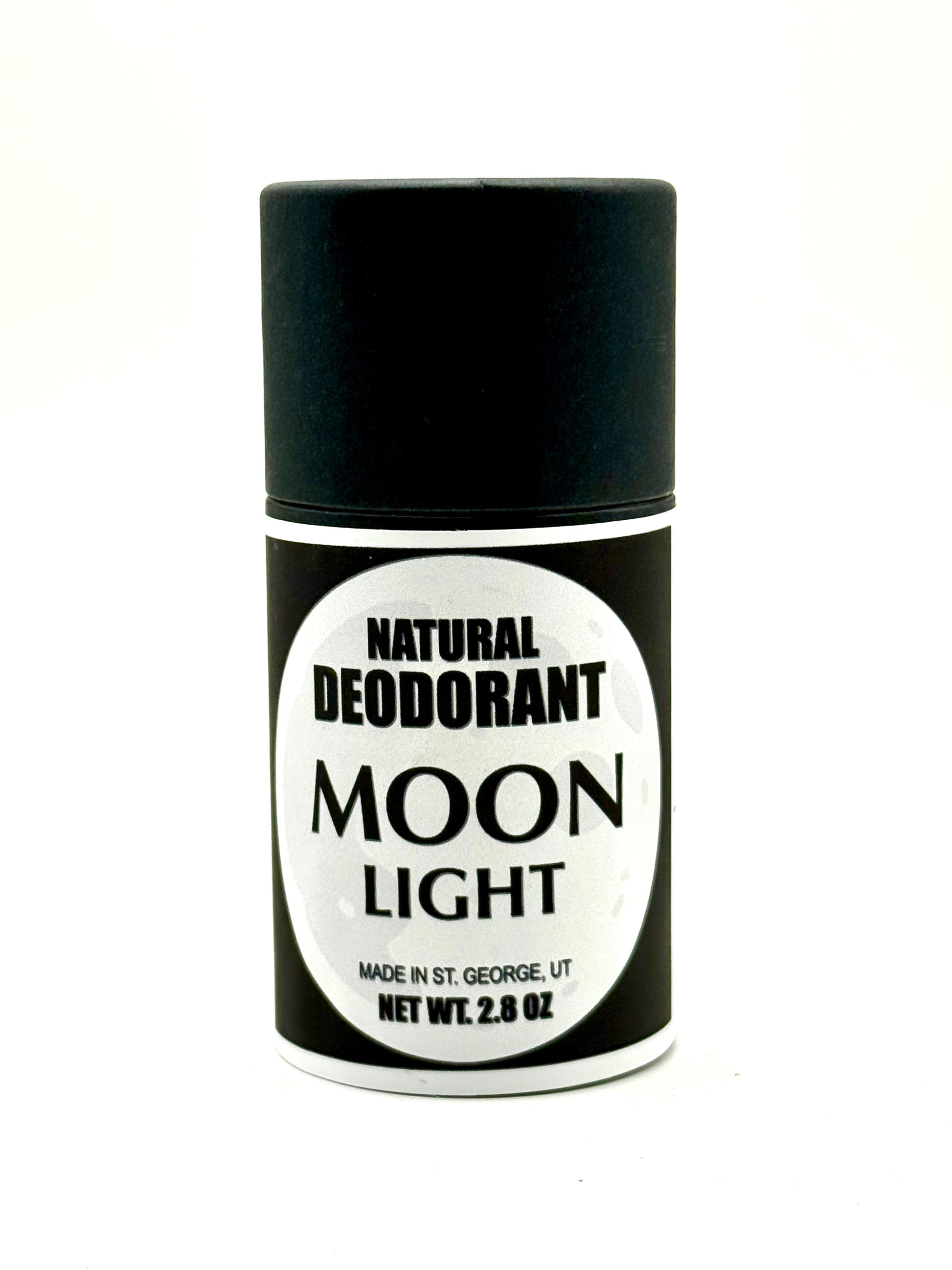 Black and white deodorant container labeled 'Moon Light' on a white background