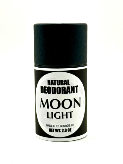 Black and white deodorant container labeled 'Moon Light' on a white background