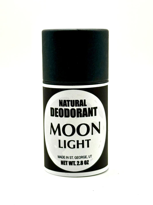 Black and white deodorant container labeled 'Moon Light' on a white background