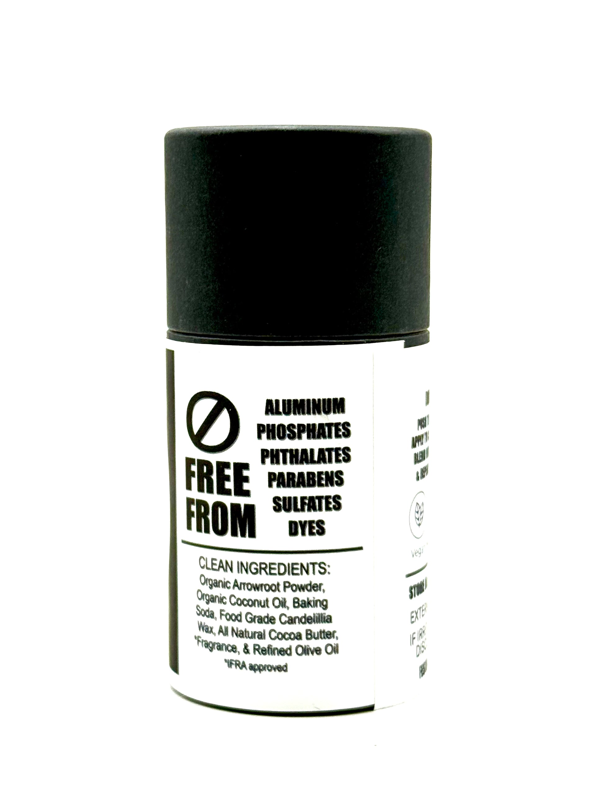 A black and white labeled deodorant with the ingredients lists and many of the chemicals it's free from.