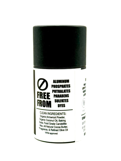 A black and white labeled deodorant with the ingredients lists and many of the chemicals it's free from.