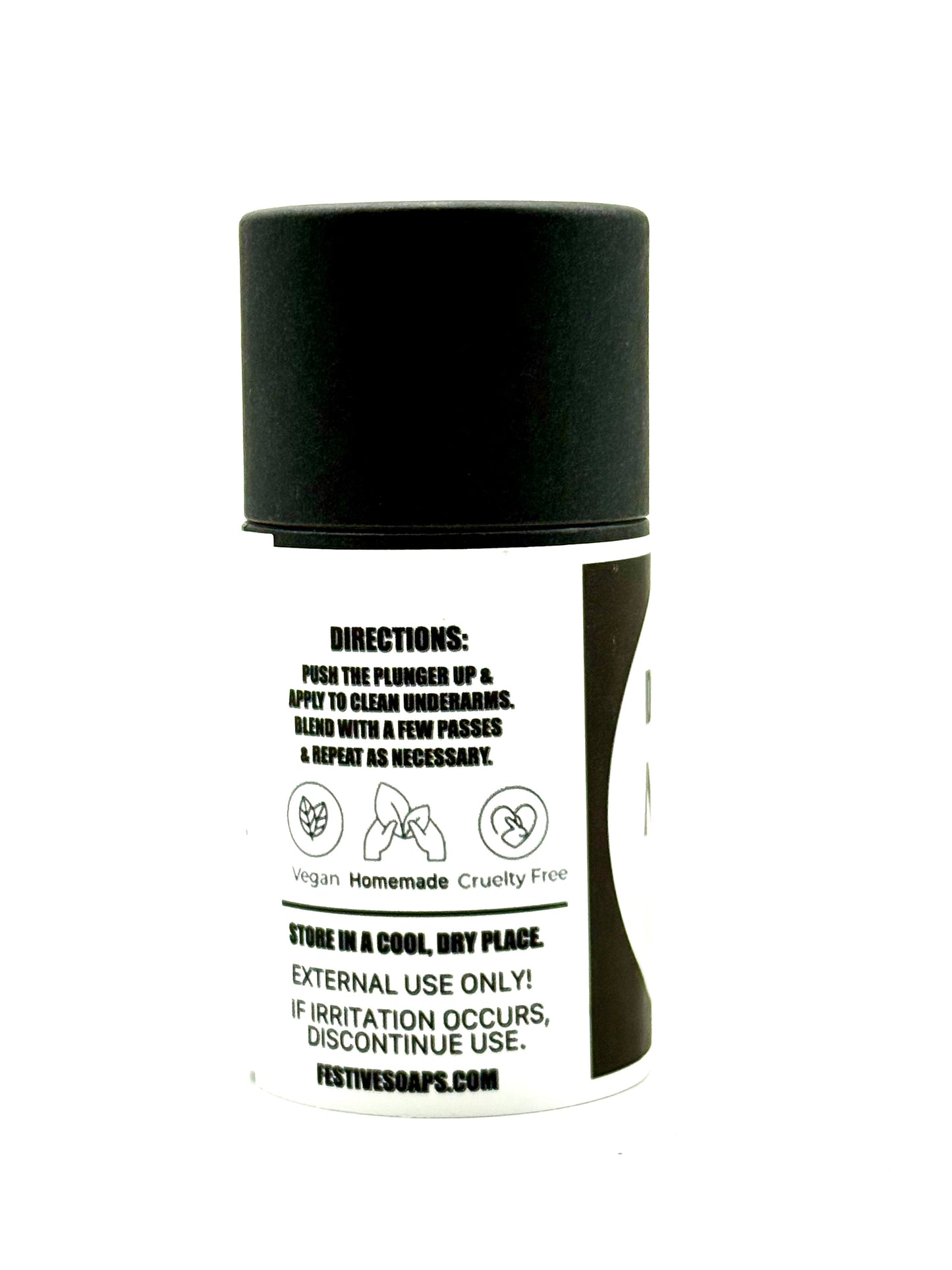 Black and white label on a tube of deodorant on a white background. It has instructions for use, that it's vegan & cruelty free.