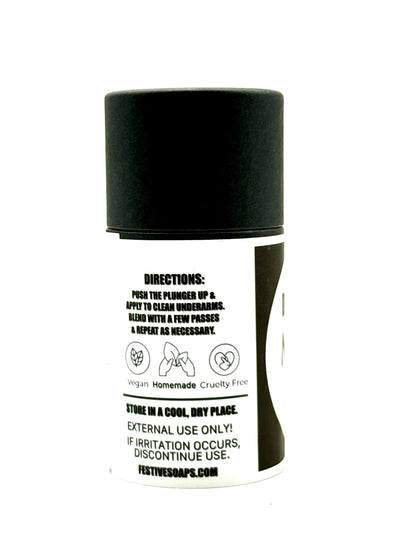 Black and white label on a tube of deodorant on a white background. It has instructions for use, that it's vegan & cruelty free.
