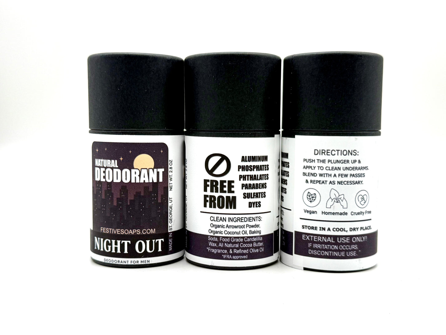 Three natural deodorant sticks with black caps on a white background