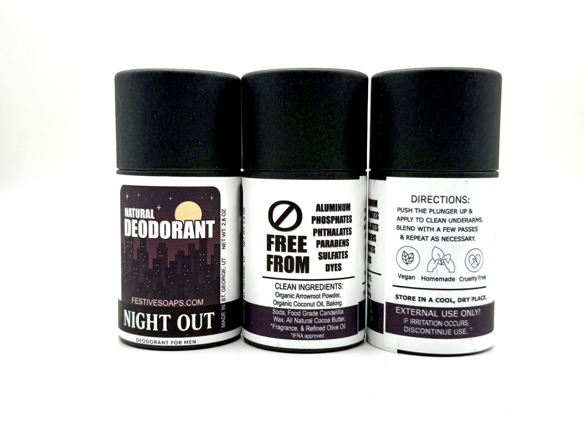 Three natural deodorant sticks with black caps on a white background