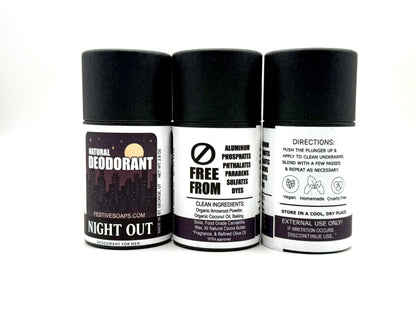 Three natural deodorant sticks with black caps on a white background