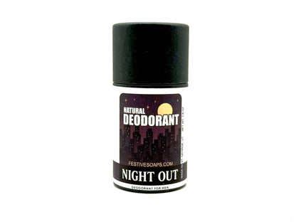 Natural deodorant stick with a black cap and label featuring a cityscape design on a white background. The name of the deodorant is "Night Out"