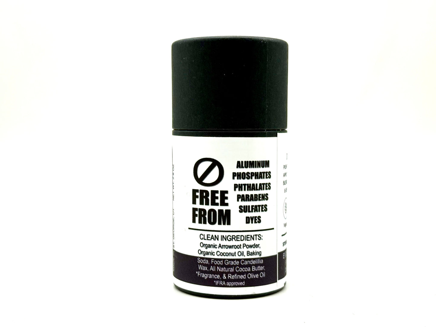 A tube of black and white labeled deodorant that lists many of the things it's free from as well as the clean ingredients that comprise it.