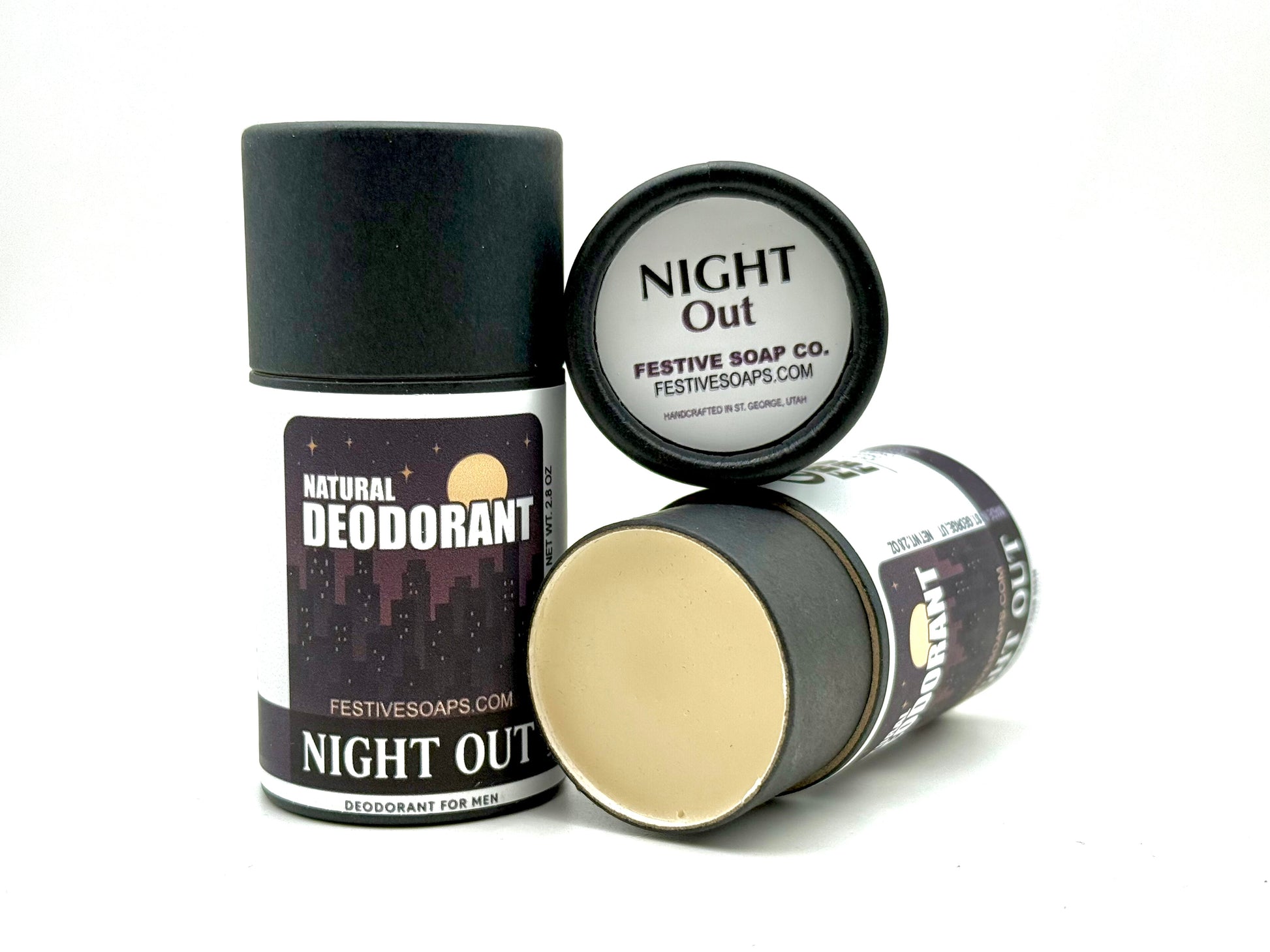 Three deodorant containers labeled 'Night Out' by Festive Soap Co. on a white background.