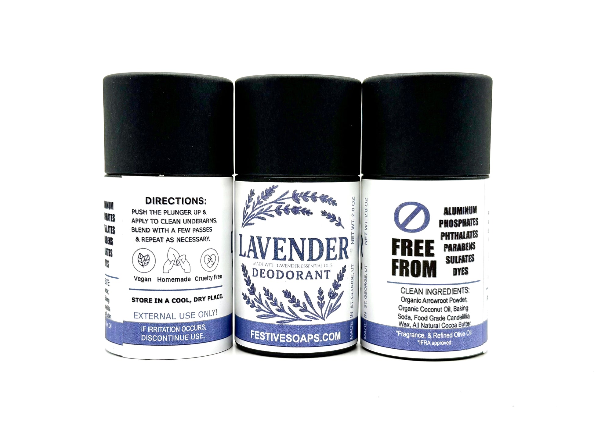 Three tubes of lavender deodorant with black caps on a white background
