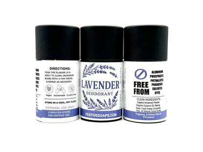 Three tubes of lavender deodorant with black caps on a white background