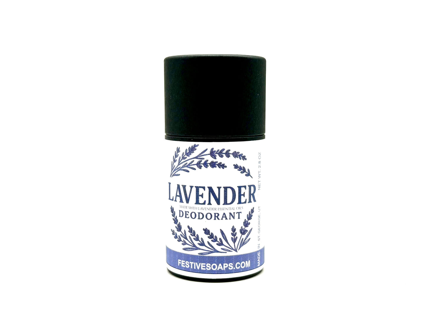 Lavender deodorant stick with black cap on a white background