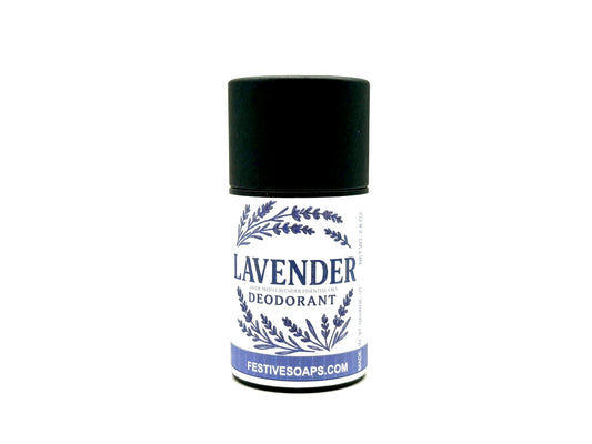 Lavender deodorant stick with black cap on a white background