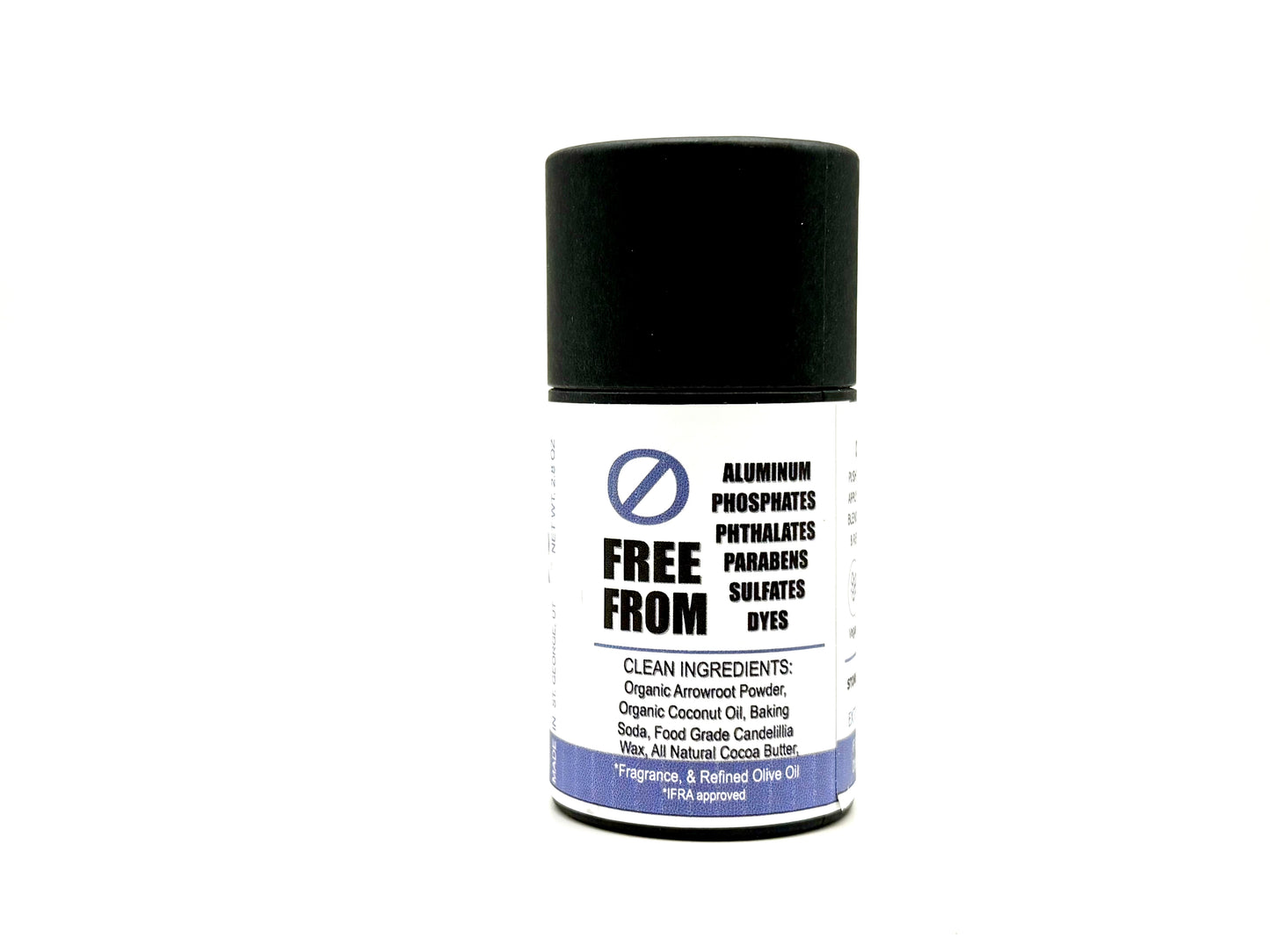 Lavender deodorant stick with black cap and white label on a white background. It lists the ingredients and many of the things it's free from.