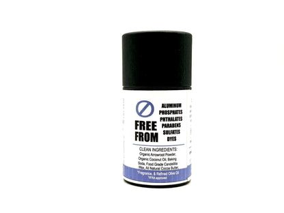 Lavender deodorant stick with black cap and white label on a white background. It lists the ingredients and many of the things it's free from.