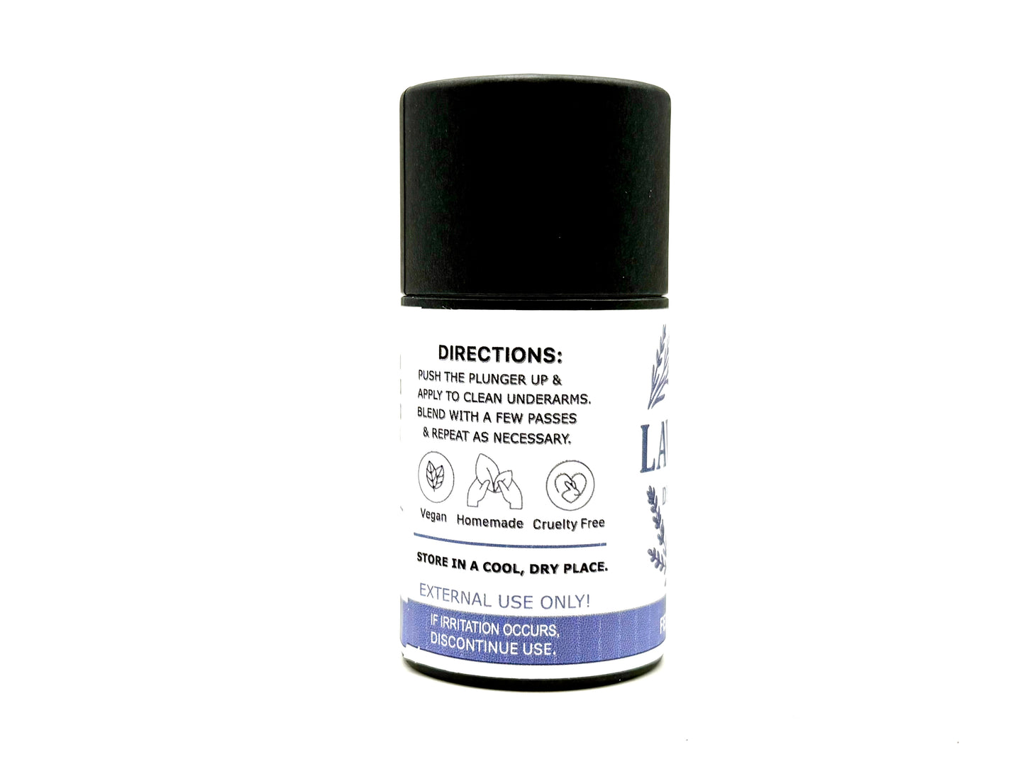 Deodorant stick with black cap and white label on a white background. It lists instruction for use, that it's vegan, homemade and cruelty free. 