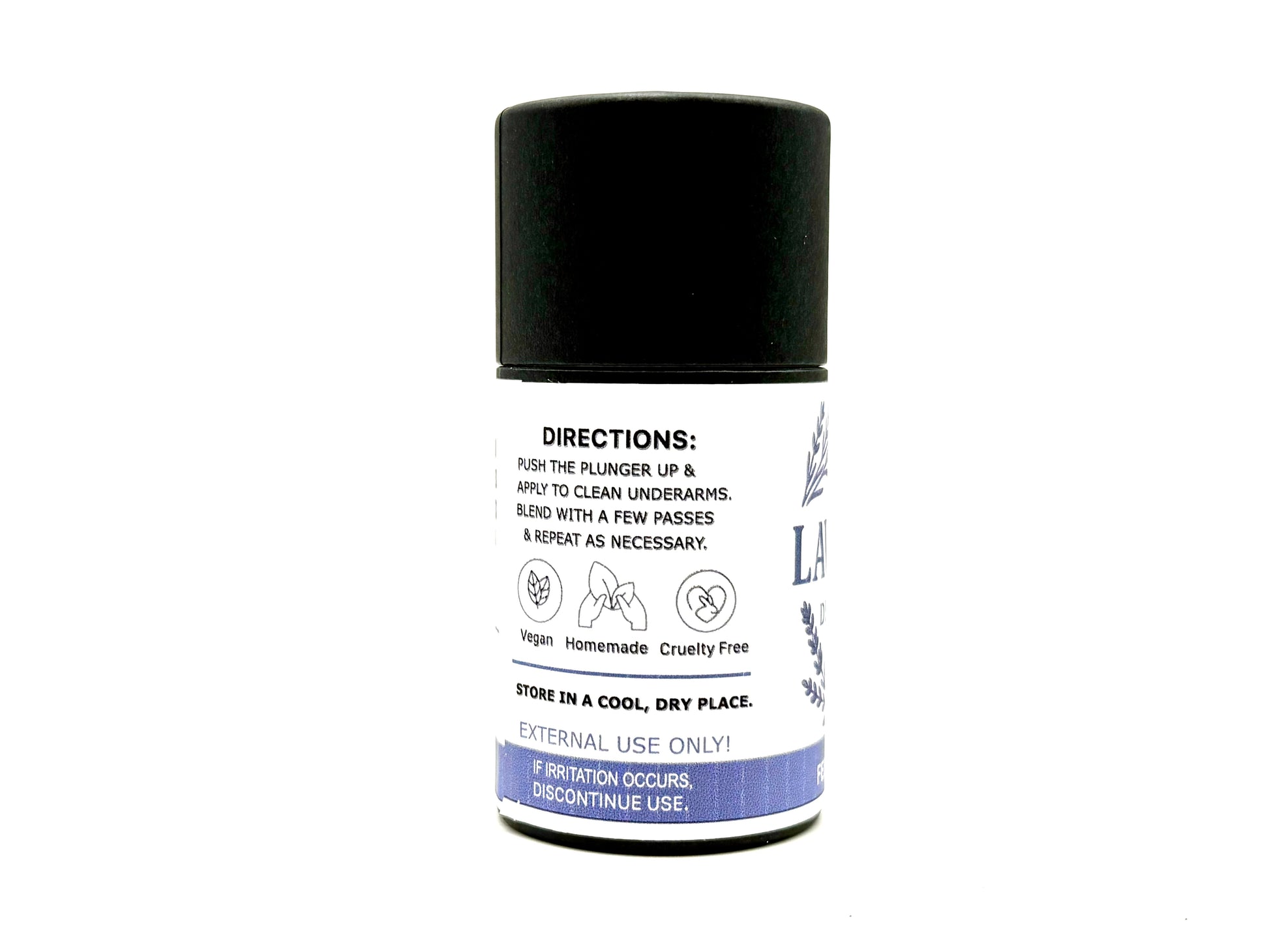 Deodorant stick with black cap and white label on a white background. It lists instruction for use, that it's vegan, homemade and cruelty free. 