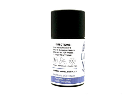 Deodorant stick with black cap and white label on a white background. It lists instruction for use, that it's vegan, homemade and cruelty free. 