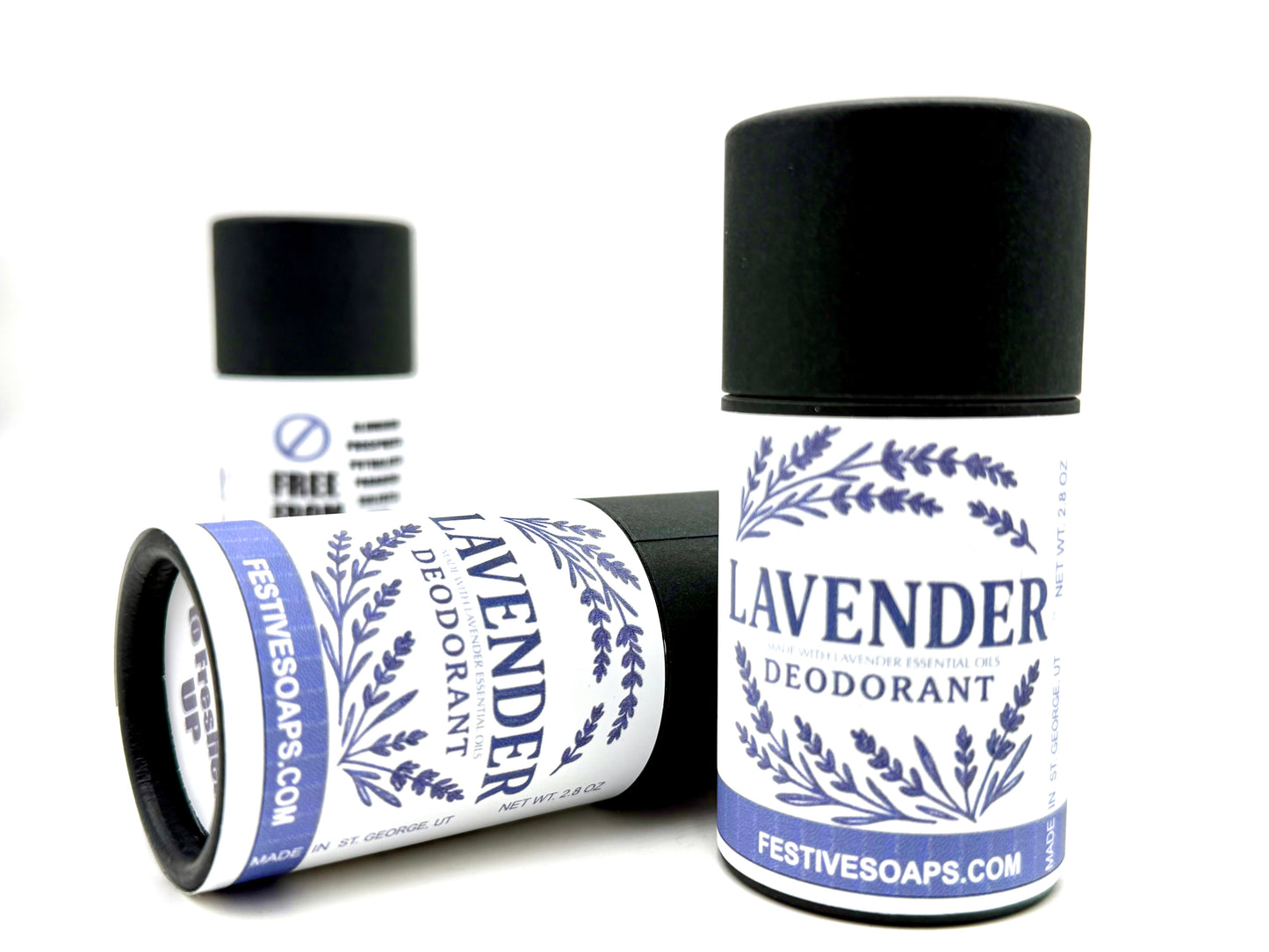 It's a set of 3 Lavender deodorant tubes with black cap and white label on a white background