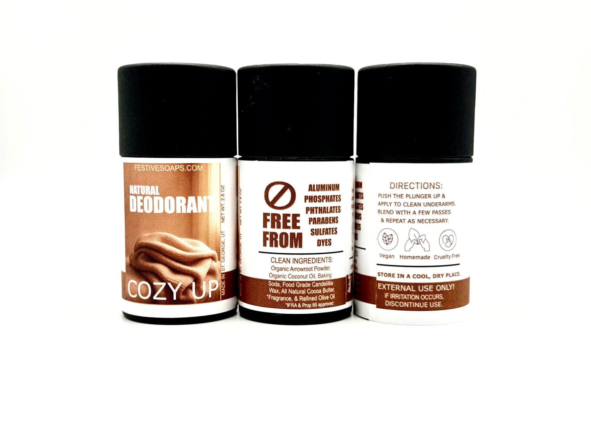 Three natural deodorant tube with labels on a white background