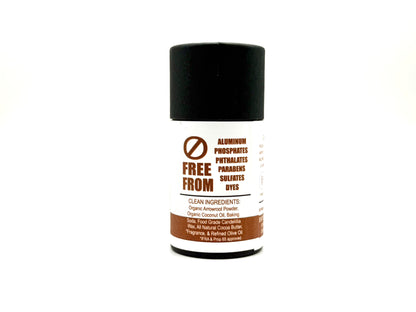 Deodorant stick with black cap and white label on a white background. It lists many of the ingredients that it's free from as well as the ingredients that's in it.