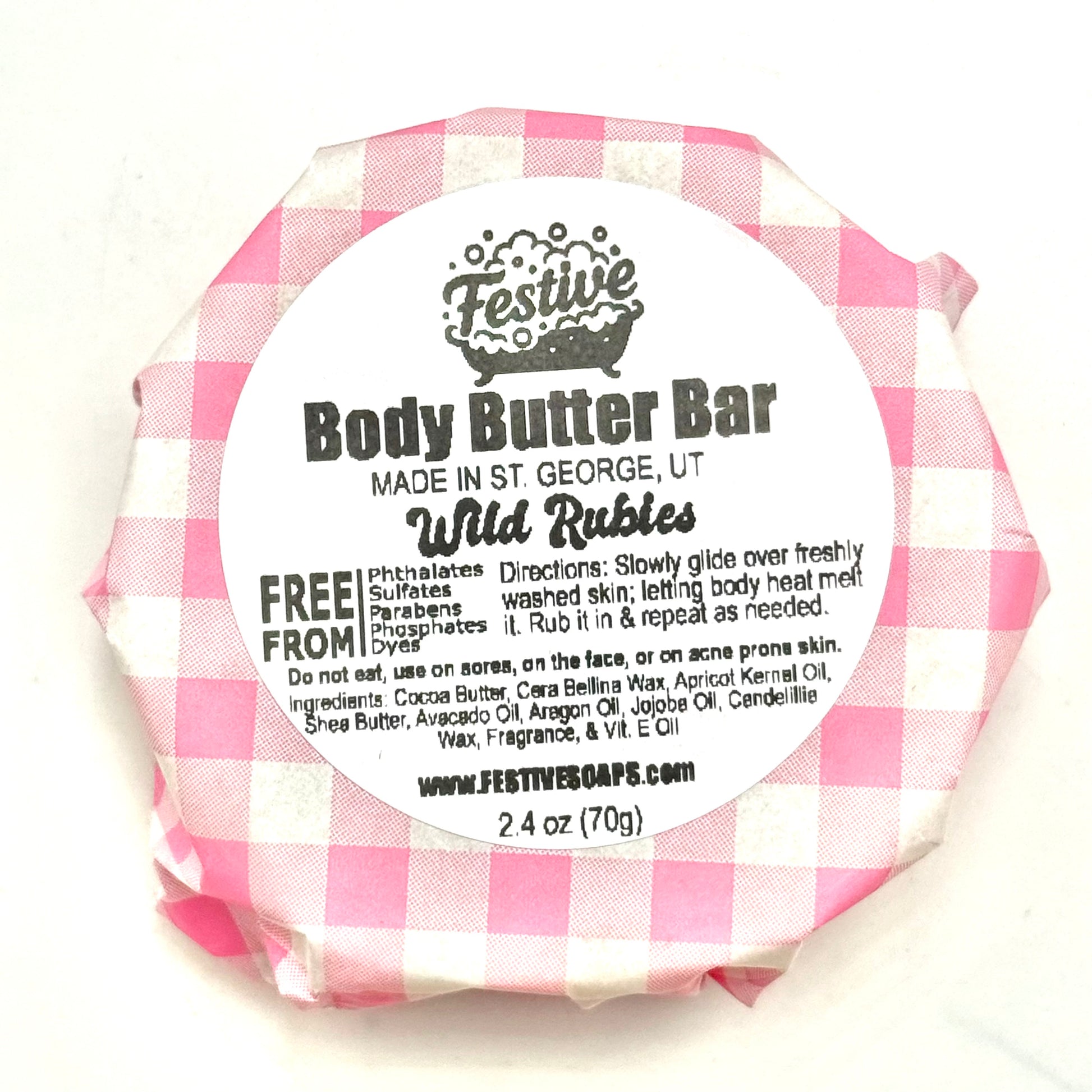 Body butter bar with pink and white checkered wrapper and label on a white background