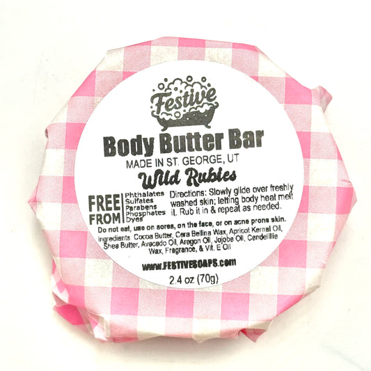Body butter bar with pink and white checkered wrapper and label on a white background