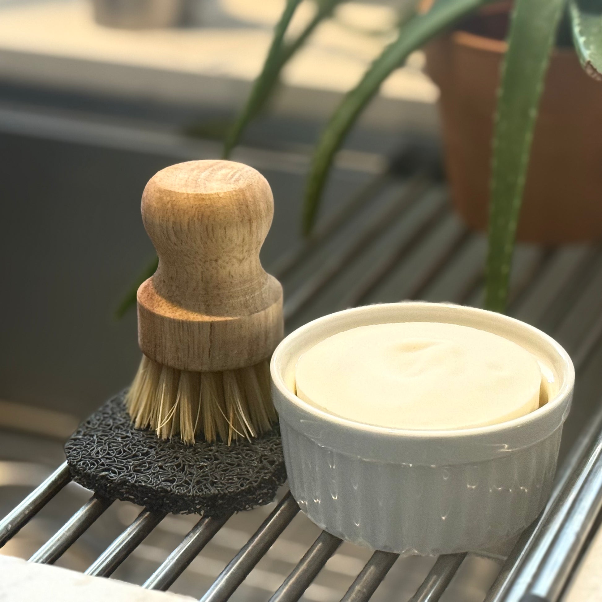 Wooden scrub brush, black soap holder, and white container on a metal surface with plants in the background.