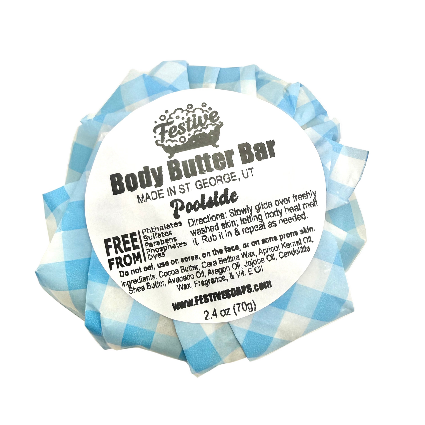Body butter bar with a blue and white checkered wrapper and label on a white background