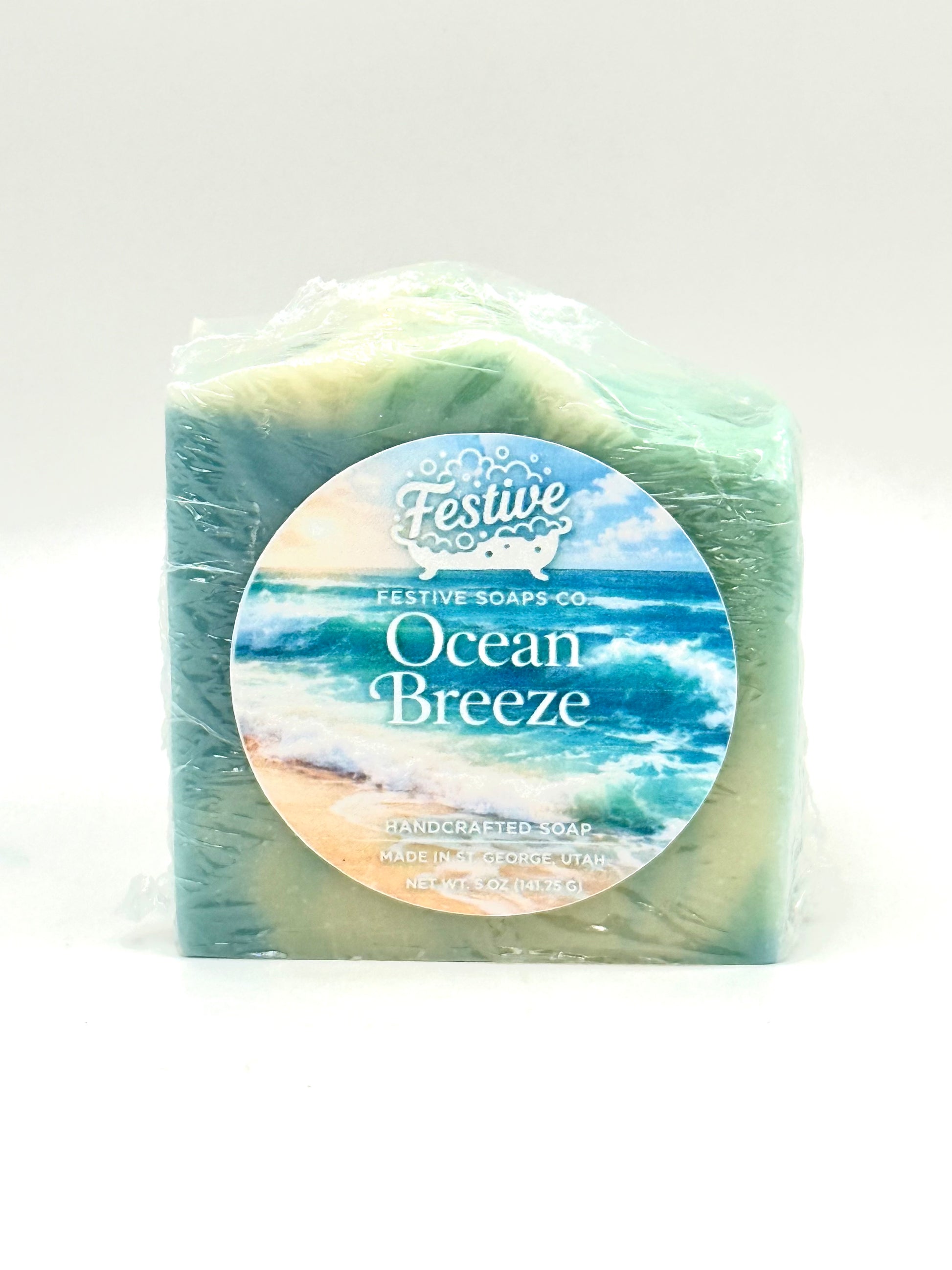 Bar of soap with 'Ocean Breeze' label on a white background