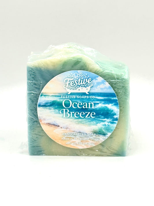 Bar of soap with 'Ocean Breeze' label on a white background