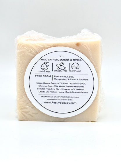 Bar of soap with a label on a white background