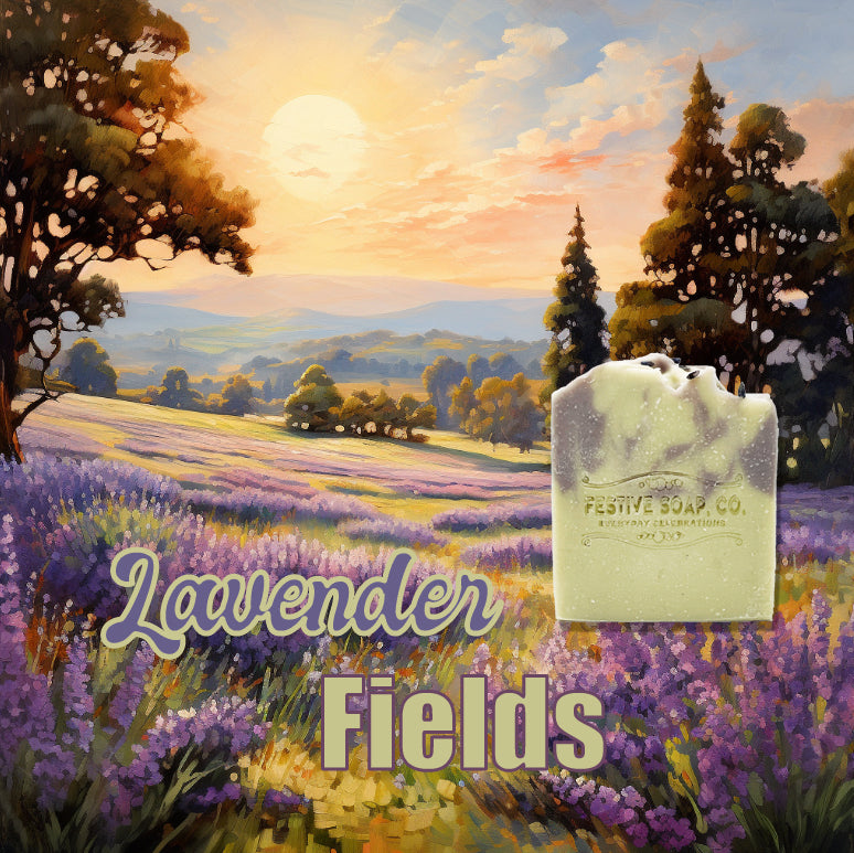 A beautiful scene of lavender fields with a bar of soap floating in the air